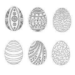 Paschal Easter eggs raw decorated. Vector illustration black and white isolated on white background, doodle style