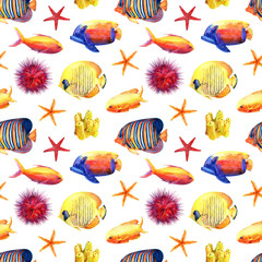 Watercolor seamless pattern with underwater life objects - coral, tropical fish, sea urchin and starfish.