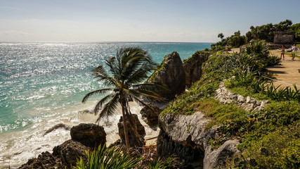 The Tulum Maya Ruins next to the ocean near Cancun in the Yucatán Peninsula, Mexico.