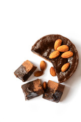 Chocolate cake on a white background.