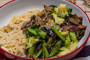 Homecooked beef stir fry and brown rice