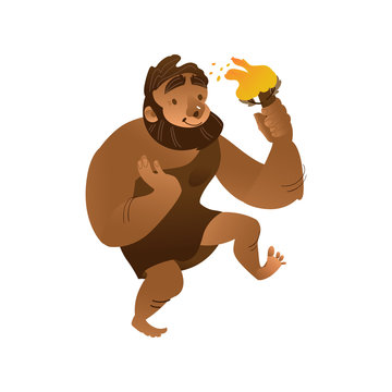 Vector sketch caveman walking naked in loincloth made of leather holding torch waving hand. Prehistory barbarian, ancient primitive homo male character. Isolated illustration