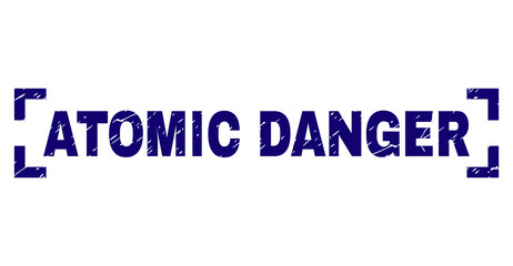 ATOMIC DANGER text seal watermark with grunge effect. Text label is placed between corners. Blue vector rubber print of ATOMIC DANGER with grunge texture.