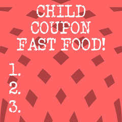 Conceptual hand writing showing Child Coupon Fast Food. Business photo showcasing Ticket discount savings junk meals for kids Squares Pattern in Curve Linear Arrangement Halftone photo