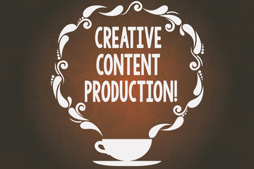 Word writing text Creative Content Production. Business concept for Developing and creating visual or written assets Cup and Saucer with Paisley Design as Steam icon on Blank Watermarked Space
