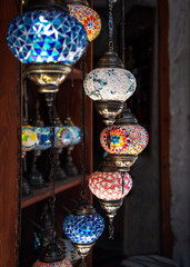 Traditional Ottoman style mosaic lamps for sale as souvenirs in a local bazaar