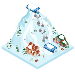 Ski resort vacation gondola way. Winter outdoor holiday activity sport in alps, landscape with mountain view and forest. Alpine village chalet. Flat style 3d isometric vector illustration