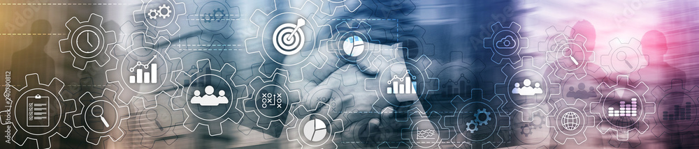 Poster business process abstract diagram with gears and icons. workflow and automation technology concept. 