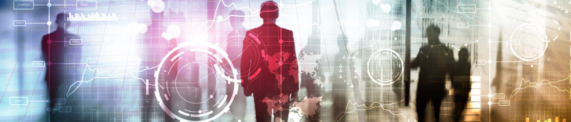 Fototapeta premium Business digital interface with graphs, charts, icons and timeline on blurred background. Website header banner.