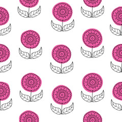 Vector seamless patttern background set of beautiful hand drawn flowers in retro style. Floral drawing with line-art on white backgrounds. Hand drawn vector illustration