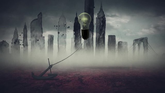 The Consequences of Anchored Ideas 4K Loop features an anchor on a rusty metal surface tethered to a floating giant light bulb by a chain with mist in the atmosphere and a grunge city and flying birds
