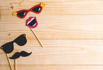 Basis for banner with mustache props and glasses for photos. Frame for text with paper mustache and glasses. Frame for children cards. Banner of photographing and children's holiday, evening parties