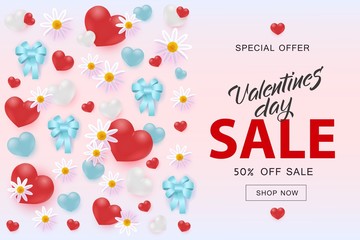 Valentines Day Sale vector illustration banner with hearts, ribbon bows and flowers in realistic style on pastel pink background - 14 February holiday special offer horizontal poster.