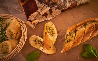 Bread Baguettes with wood background - Fresh breakfast delicius bread 