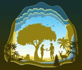 Adam and Eve. Garden of Eden. The Fall of Man. Paper art. Abstract, illustration, minimalism. - 240794248
