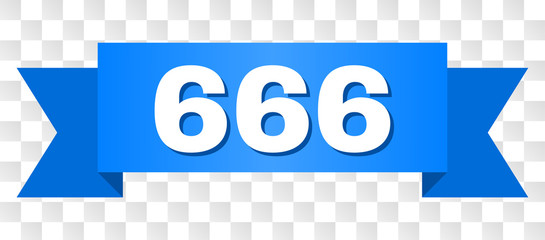 666 text on a ribbon. Designed with white caption and blue tape. Vector banner with 666 tag on a transparent background.