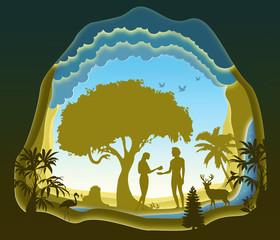 Adam and Eve. Garden of Eden. The Fall of Man. Paper art. Abstract, illustration, minimalism.