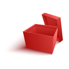 Open empty red paper box vector illustration in realistic 3d style isolated on white background. Template or mockup for surprise and congratulation or delivery concept.