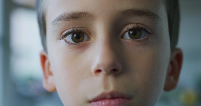 Close up portrait of a little boy with brown eyes looking in the camera on kitchen background. Shot with RED camera in 8K. Concept of childhood, youth, kids protection, son, happy family