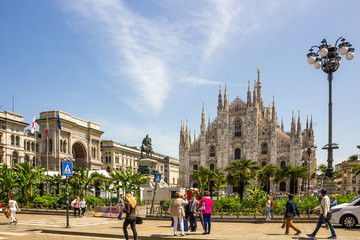cathedral and buildings on Piazza del Duomo in Milan in Italy