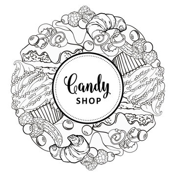 Vector candy shop monochrome brand logo, signage background or poster template. Cupcakes, croissant macaroni with delicious cream, berries emblem. Hand drawn sketch desserts for pastry menu design.