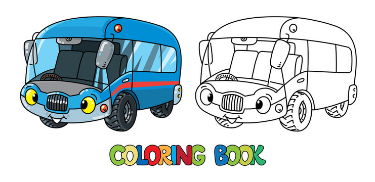 Funny small bus or van with eyes. Coloring book
