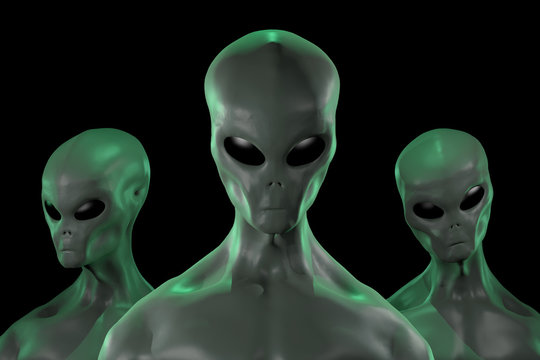 A 3D rendered image of a group of humanoid alien creatures isolated on black background