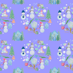 seamless pattern with winter houses and snowmen with colored pencils