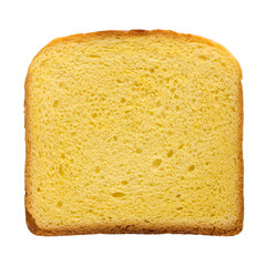 square slice of the yellow toast bread isolated over the white background, top view