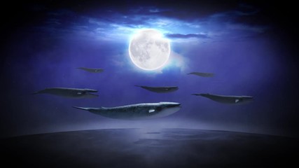 Whales in the Sky features whales swimming in the sky above the earth with the moon in the background in a cloudy atmosphere