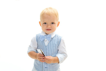 Good purchase. Boy child with credit card. Little cardholder. Little boy keep business card. Small child do credit card payment. Money transaction. Getting business credit, copy space