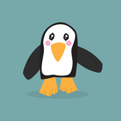 Cute single little walking penguin icon with kawaii eyes, pink cheeks and a shadow on teal background