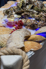 Oysters with seasoning on the table with ice