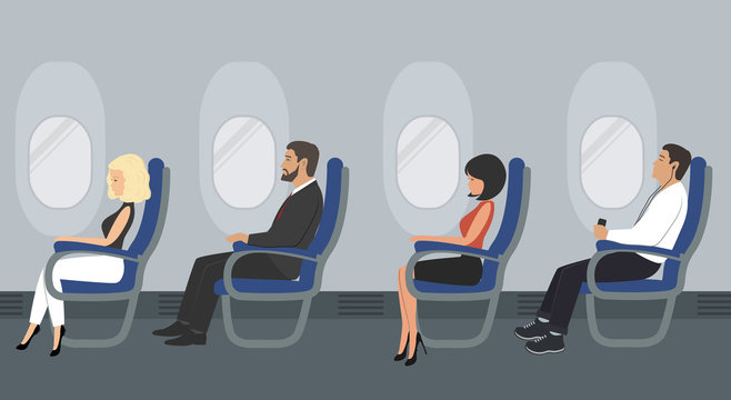 People in the aircraft cabin. Airline passengers are sitting in blue chairs on the portholes background in the picture. Vector illustration