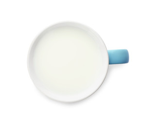 Cup of fresh milk isolated on white, top view