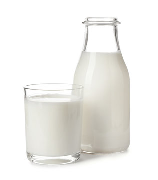 Glass and bottle with fresh milk on white background