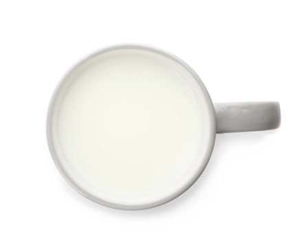 Cup of fresh milk isolated on white, top view