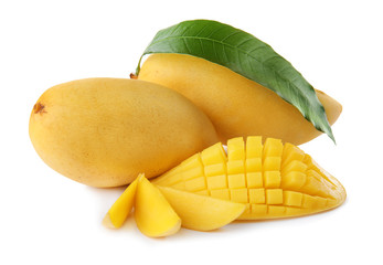 Naklejka na ściany i meble Fresh juicy mango and leaf isolated on white
