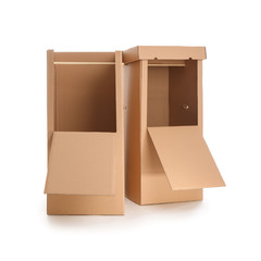 Empty cardboard wardrobe boxes on white background