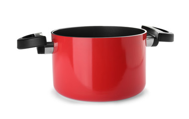Modern red clean saucepan isolated on white