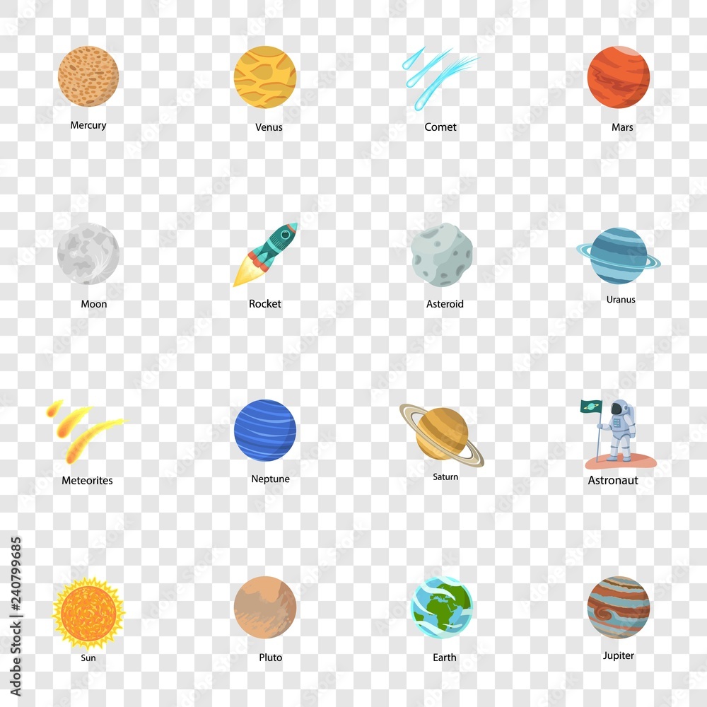 Poster space planet icon set. flat set of space planet vector icons for web design