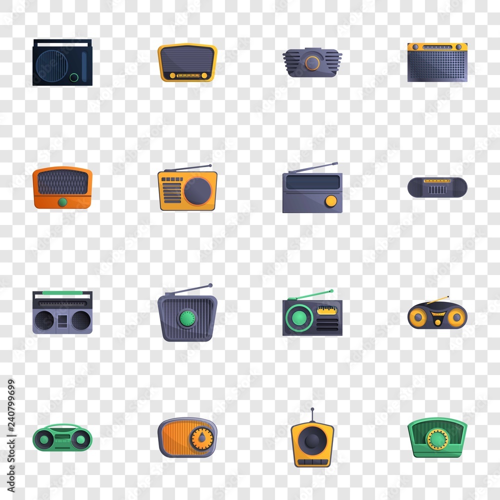 Poster radio icon set. cartoon set of radio vector icons for web design