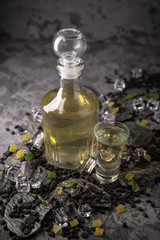 Pear, lemon or quince liqueur. Alcoholic homemade brandy