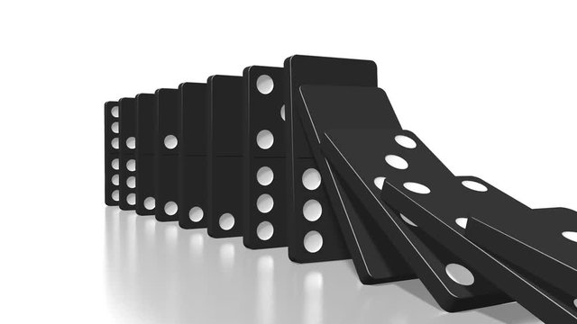 3D domino effect animation - falling black tiles with white dots, following camera.
