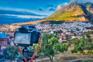 Fototapeta Camera taking a panoramic view of Chefchaouen, (or Chaouen), Morocco obraz