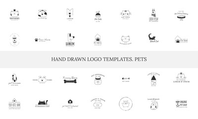 Set of vector hand drawn icons, domestic animals. Logo templates for pets related business.