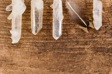Quartz Crystals and Feather on Barn Wood