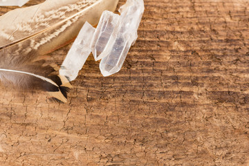 Quartz Crystals and Feathers on Barn Wood