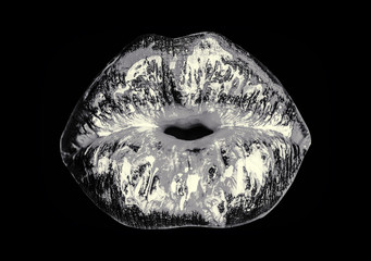 Lips. Creative concept. Female isolated lips with trendy, stylish make up on completely black background. Fashionable metallic make up. Luxury mouth with silver lip gloss blowing air. Sexy kiss.