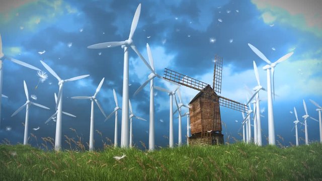 Modern Windmills Ellipse the Old 4K Loop features a field of modern windmills surrounding an old fashion windmill in a field of grass with moving clouds in the background 
